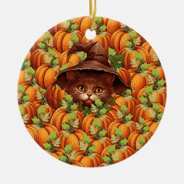 THANKSGIVING PUMPKINS CUTE CAT CERAMIC ORNAMENT (Front)