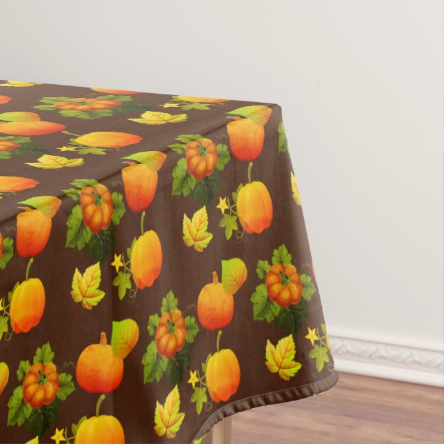 Thanksgiving Pumpkins & Fall Leaves on Brown Tablecloth (In Situ)