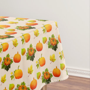 Thanksgiving Pumpkins & Fall Leaves on Light Beige Tablecloth
