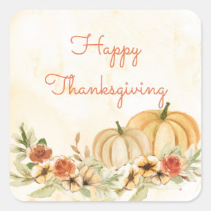 Thanksgiving Pumpkins Floral Watercolor Script Square Sticker
