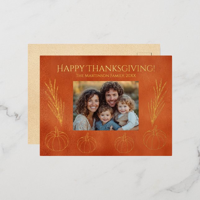 Thanksgiving Pumpkins Wheat Family Photo Foil Holiday Postcard (Front/Back)