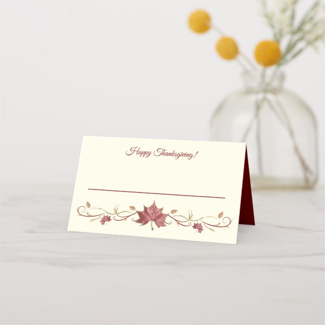 Thanksgiving Red Maple Leaves & Swirls Place Card (Front)