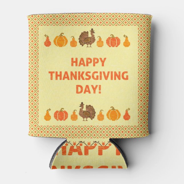 Thanksgiving: retro embroidered card design. can cooler (Front)