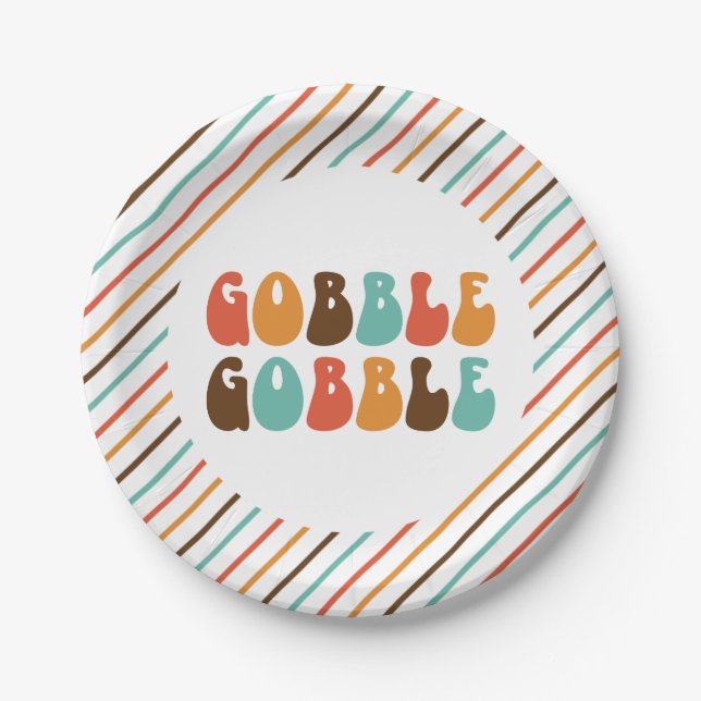 Thanksgiving Retro Gobble Gobble Paper Plates (Front)
