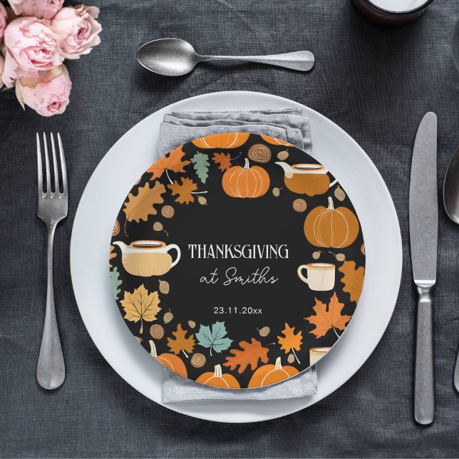 Thanksgiving retro style pumpkins maple leaves paper plate (Thanksgiving dinner tableware personalized paper plates pumpkins cups fall foliage themed plates)