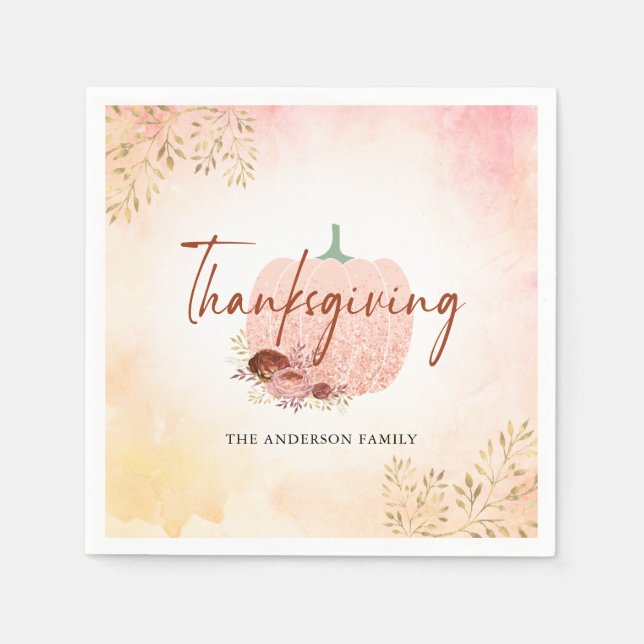 Thanksgiving Rose Gold Glitter Pumpkin Napkins (Front)
