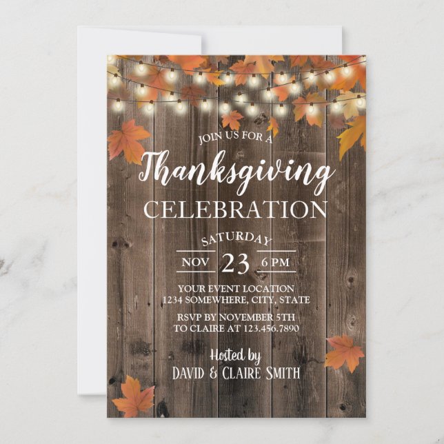 Thanksgiving Rustic Autumn Leaves & String Lights Invitation (Front)