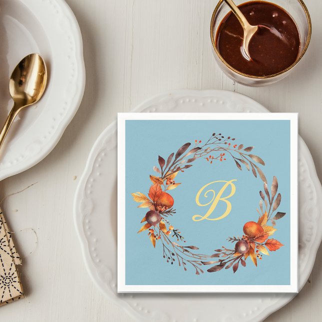 Thanksgiving Rustic Florals Monogram Custom Napkin (Creator Uploaded)