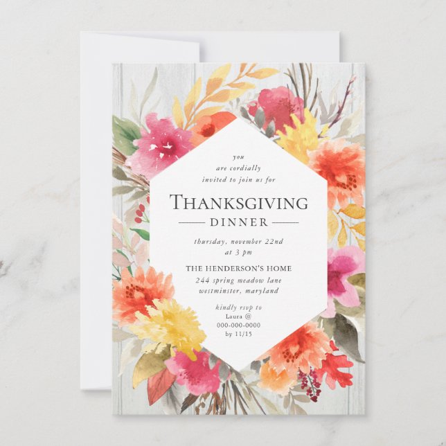 Thanksgiving Rustic Watercolor Floral Bouquet Invitation (Front)