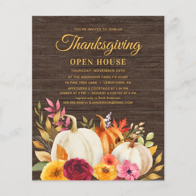 THANKSGIVING RUSTIC WOOD FLORAL PUMPKINS INVITE (Front)