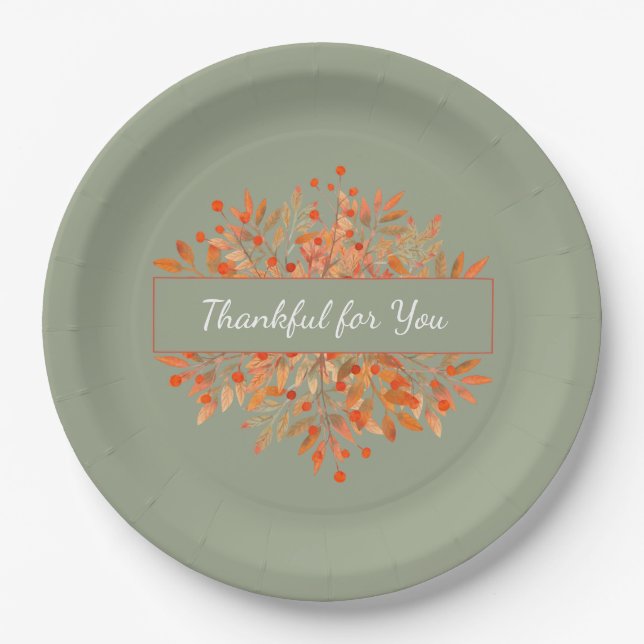 Thanksgiving Sage Green Fall Foliage  Paper Plate (Front)