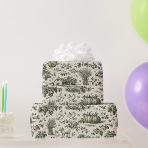 Thanksgiving Sage Green Harvest Toile Wrapping Paper