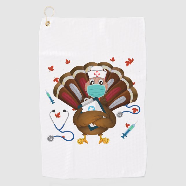 Thanksgiving Scrub Tops Women Turkey Nurse Holida Golf Towel (Front)