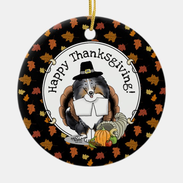 Thanksgiving Shetland Sheepdog (blue merle) Funny Ceramic Ornament (Front)