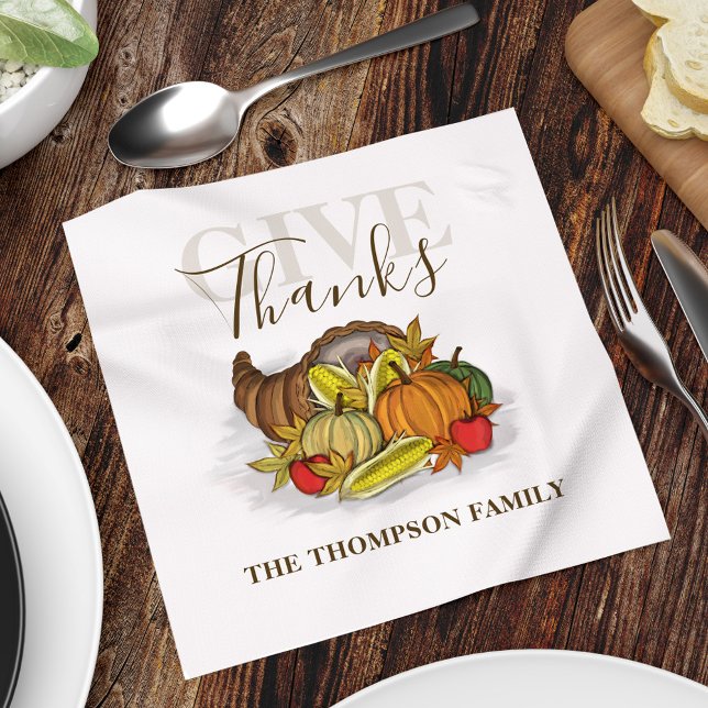 Thanksgiving Simple Cornucopia Elegant Give Thanks Napkin (Give Thanks Cornucopia Thanksgiving Holiday custom paper napkin. )