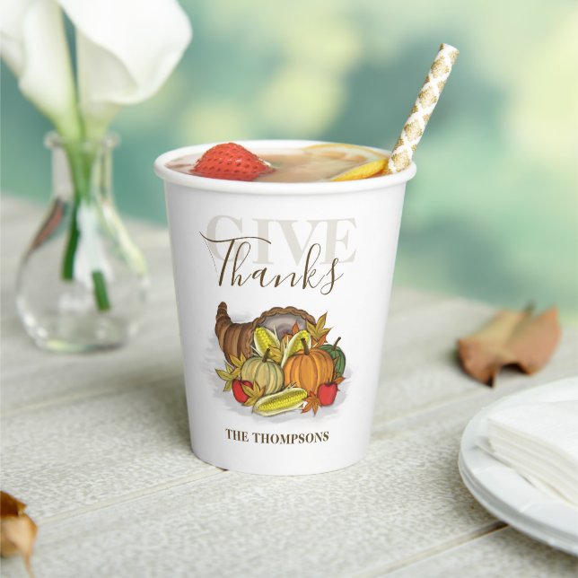 Thanksgiving Simple Cornucopia Elegant Give Thanks Paper Cups (Insitu)