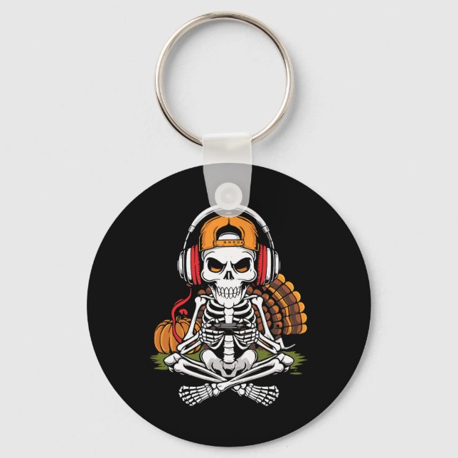 Thanksgiving Skeleton Gamer Video Gaming Boys Men  Keychain (Front)