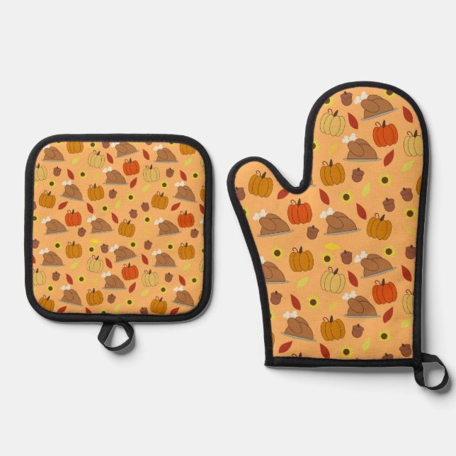 Thanksgiving Sticker Pattern Oven Mitt & Pot Holder Set (Front)