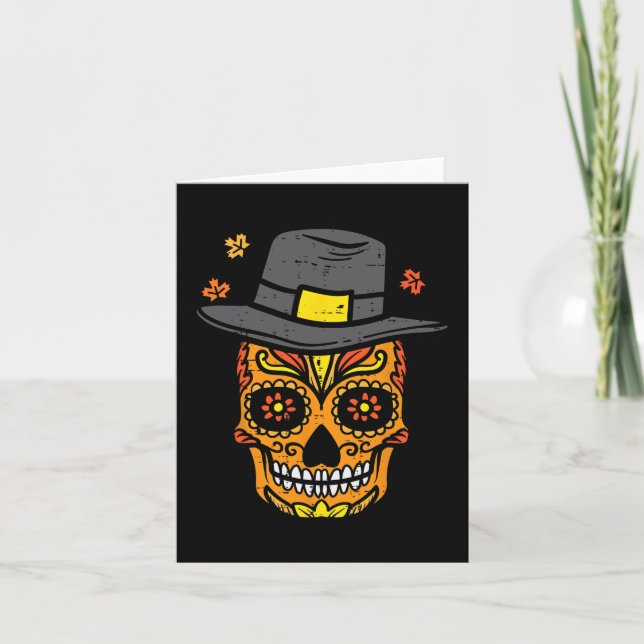 Thanksgiving Sugar Skull Pilgrim Fall Mexican Men  Card (Front)