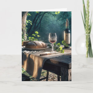 Thanksgiving Table With Wine In A Forest Card