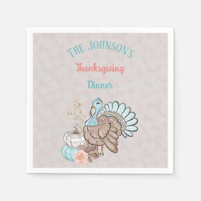 Thanksgiving Taupe Aqua Coral Pumpkins Turkey Napkin (Front)
