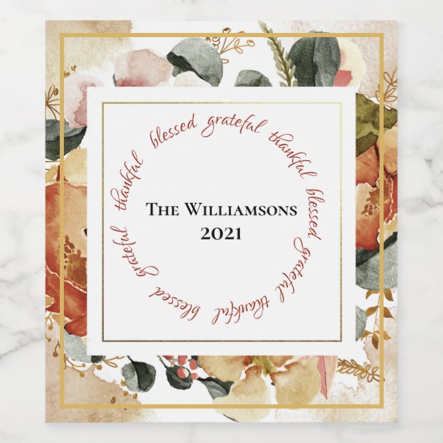 Thanksgiving Thankful Blessed Grateful Wreath Name Wine Label (Single Label)