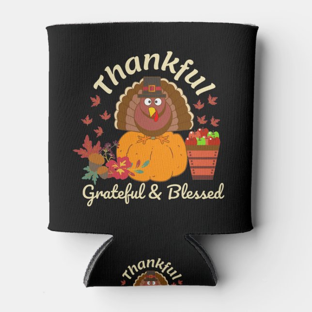 Thanksgiving Thankful Grateful & Blessed Can Cooler (Front)