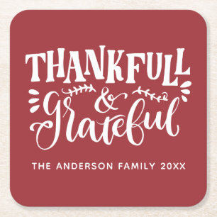 Thanksgiving Thankful & Grateful Fall Harvest Square Paper Coaster