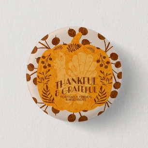 Thanksgiving Thankful Turkey Pumpkin Greenery 1 Inch Round Button