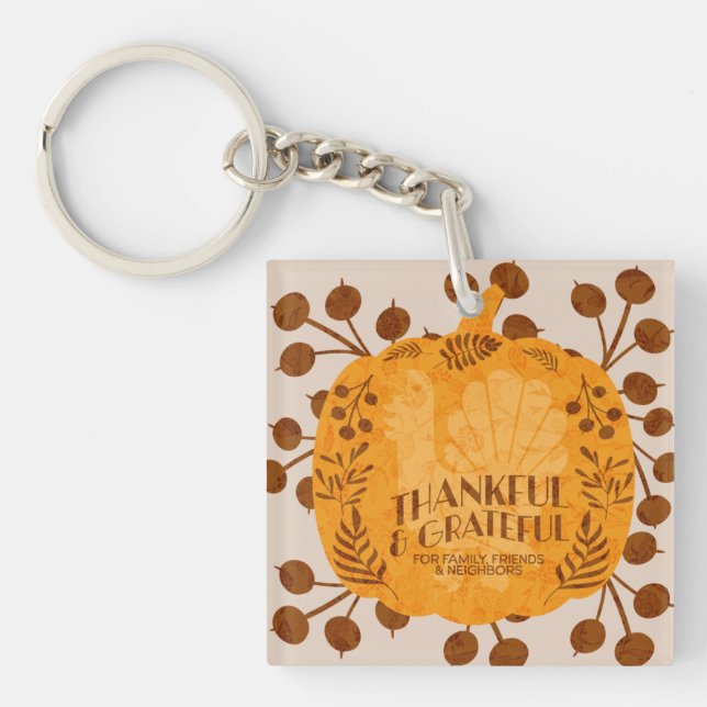 Thanksgiving Thankful Turkey Pumpkin Greenery     Keychain (Front)