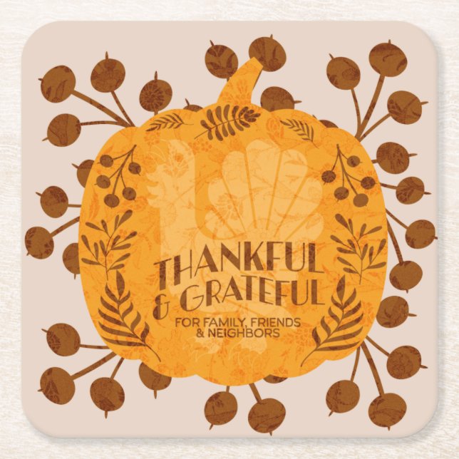 Thanksgiving Thankful Turkey Pumpkin Greenery   Square Paper Coaster (Front)