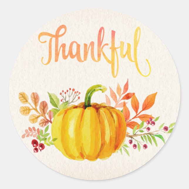 Thanksgiving "Thankful" Watercolors Classic Round Sticker (Front)