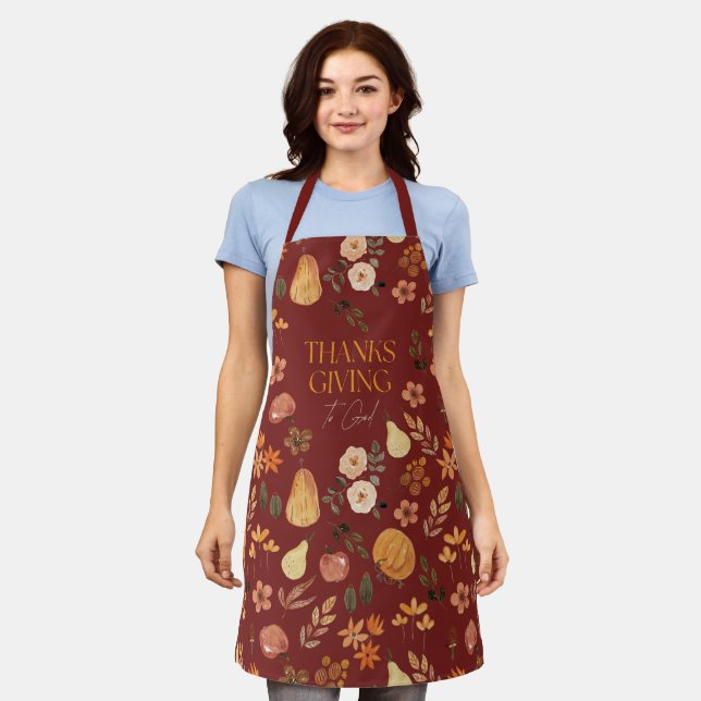 Thanksgiving To God Autumn Pattern Burgundy Apron (Worn)