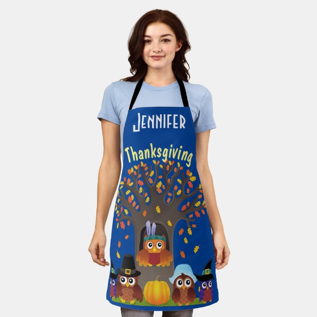Thanksgiving tree with cute owls apron (Worn)