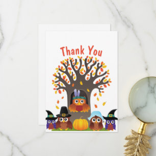 Thanksgiving tree with cute owls  thank you card