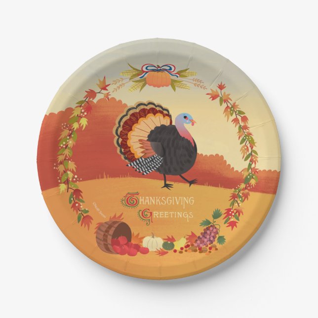 Thanksgiving Turkey and Fall Harvest Paper Plate (Front)