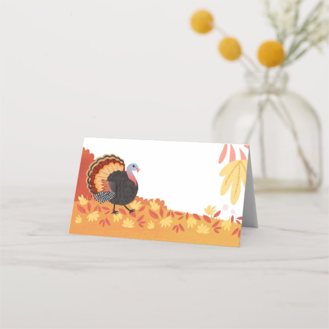 Thanksgiving Turkey and Fall Leaves Place Card (Front)
