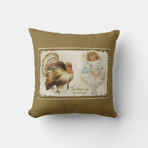 Thanksgiving Turkey and Little Girl Reversible Throw Pillow
