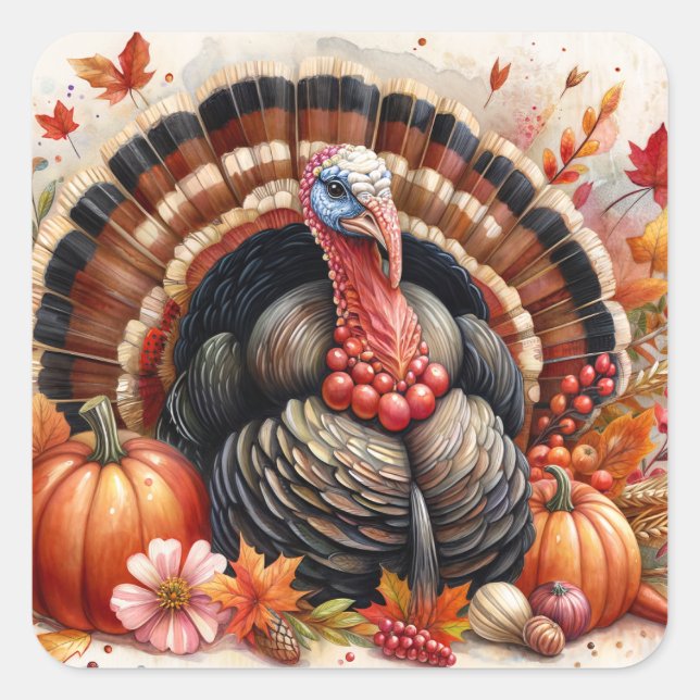 Thanksgiving Turkey Autumn Harvest Watercolor Square Sticker (Front)
