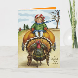 Thanksgiving Turkey Boy Riding Pumpkin Holiday Card