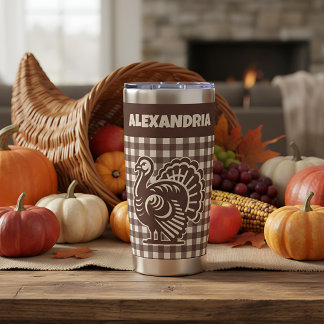 Thanksgiving Turkey Brown & Tan Plaid Name Insulated Tumbler