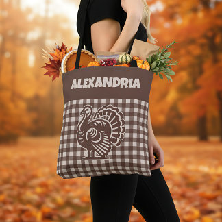 Thanksgiving Turkey Brown & Tan Plaid Name Tote Bag