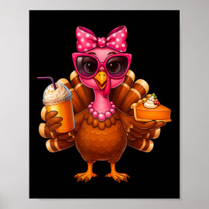 Thanksgiving Turkey Drinking Coffee Bow Pie Turkey Poster