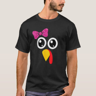 Thanksgiving Turkey Face Cute Pink Bow Girls T-Shirt