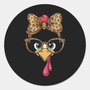 Thanksgiving Turkey Face Leopard Gles Women Girls  Classic Round Sticker