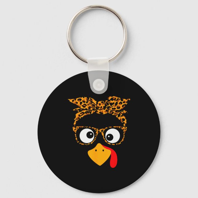 Thanksgiving Turkey Face Leopard Print Gles Autumn Keychain (Front)