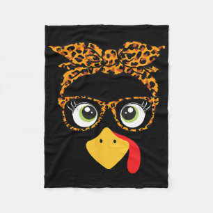 Thanksgiving Turkey Face Leopard Print Gles Women  Fleece Blanket