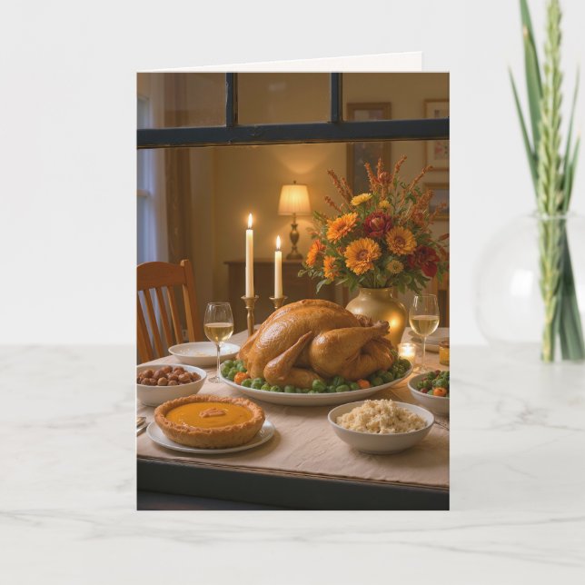 Thanksgiving Turkey Feast In Window Holiday Card (Front)