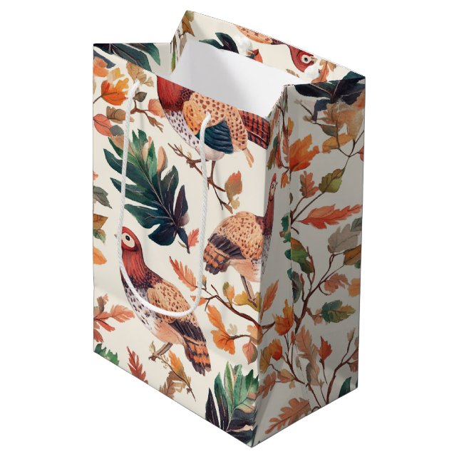 Thanksgiving Turkey Feather Autumn Pattern Medium Gift Bag (Front Angled)