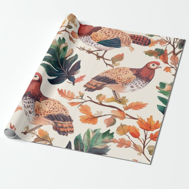 Thanksgiving Turkey Feather Autumn Pattern Wrapping Paper (Unrolled)